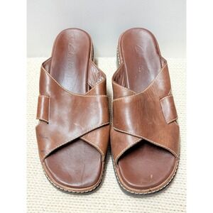 Clarks Leather Brown Criss Cross‎ Slides Sandals Womens Size 8N Narrow